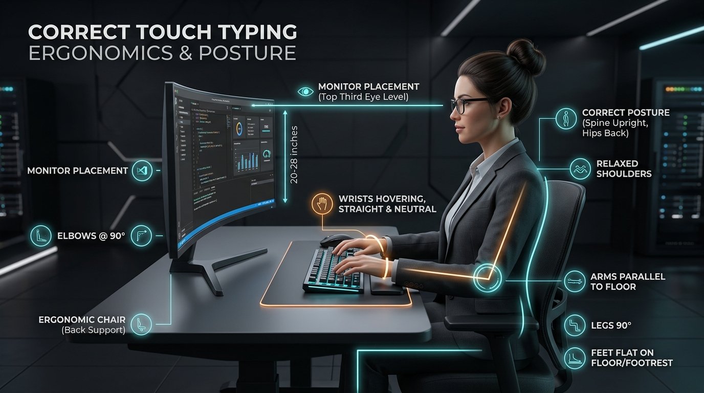 Correct Touch Typing Posture and Ergonomics Diagram